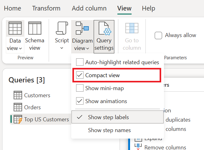 Diagram view settings with compact view selection in a red box.