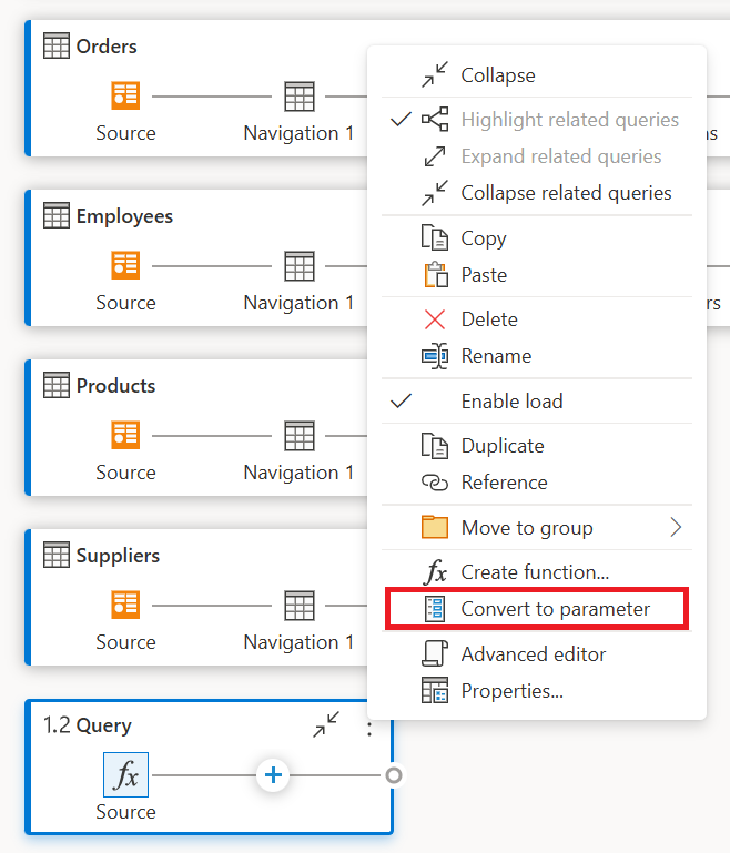 Convert to parameter option inside the query contextual menu.