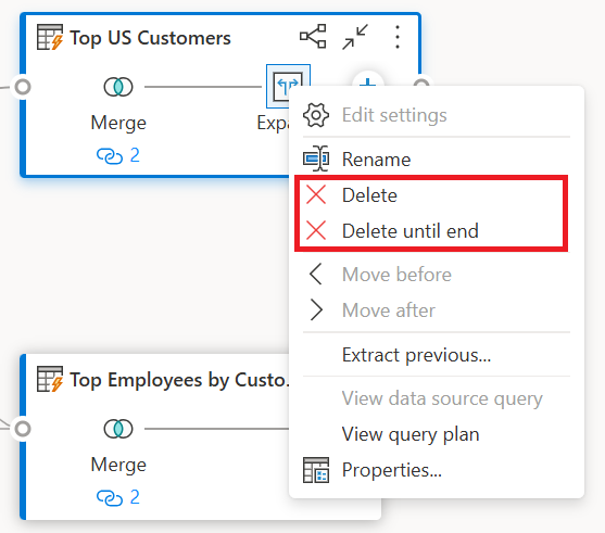 Screenshot of the Delete and Delete until end options inside the step level contextual menu after right-clicking a step.