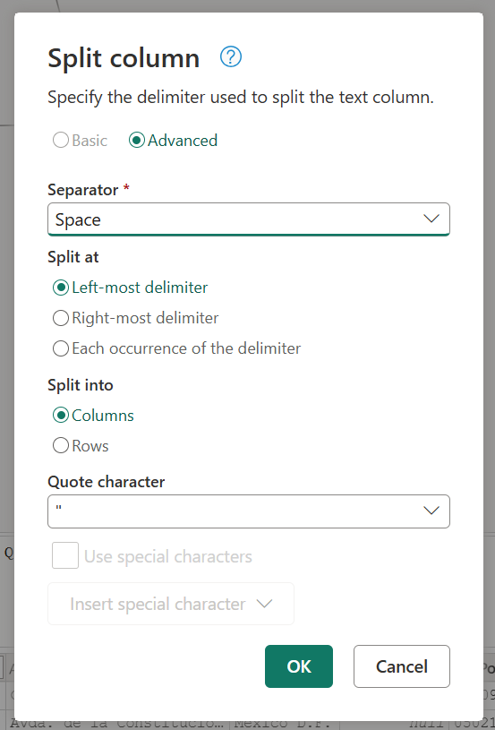 Screenshot of the settings dialog for the Split column step of a query.