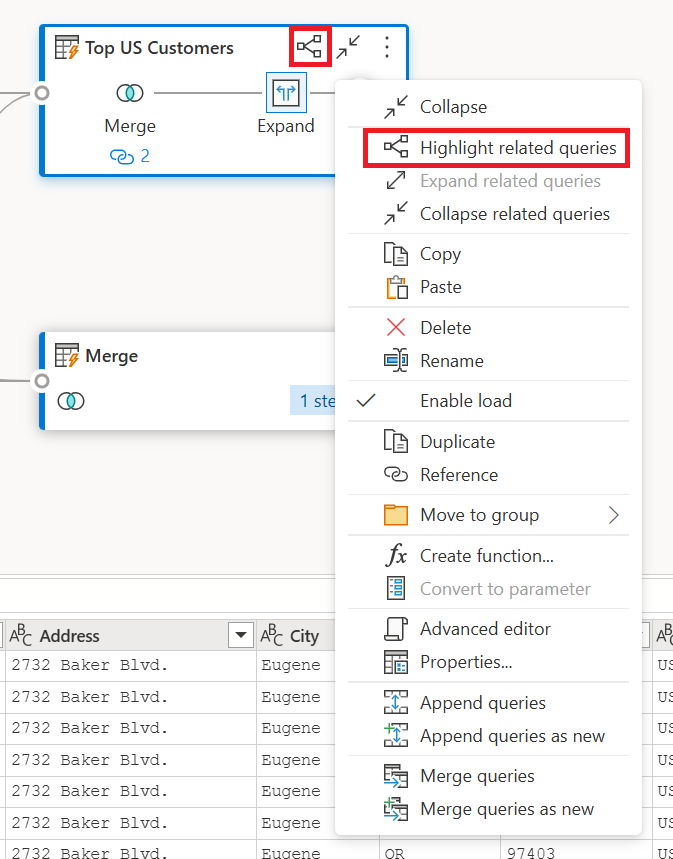 Screenshot highlighting the related queries button at the top of the Top US Customers query and inside the context menu.