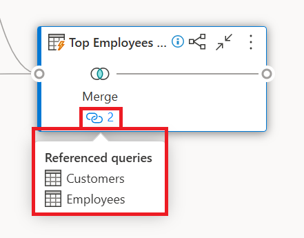 Referenced queries are listed in a callout after hovering over the link icon below a step.