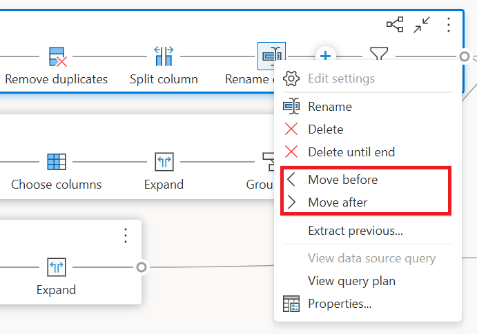 Screenshot of the Move before and Move after options inside the step level contextual menu after right-clicking a step.