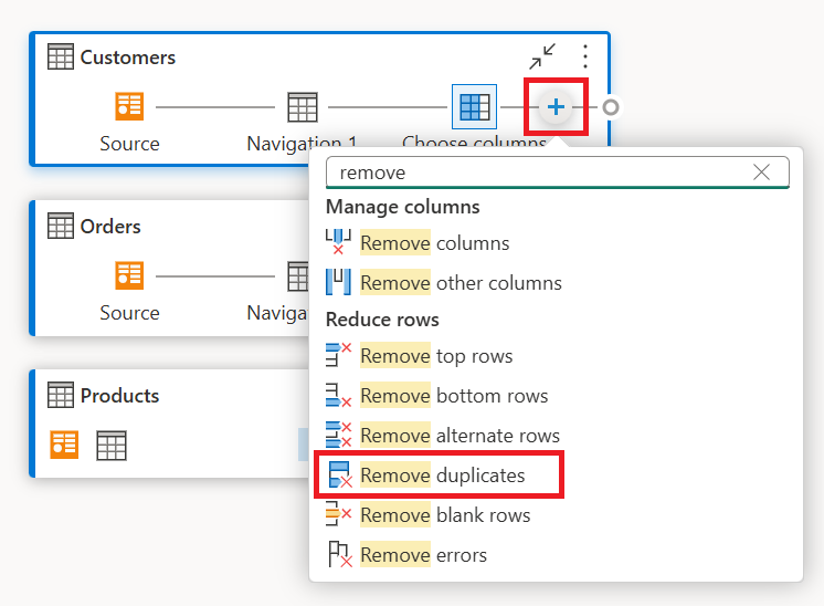 Screenshot showing an example of using the plus icon in a query to add a new step in the query.