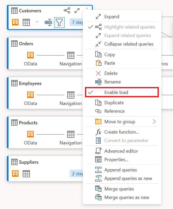 Screenshot of the enable load option inside the query contextual menu emphasized.