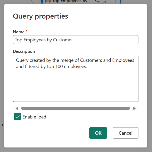 Screenshot of the query properties window for the Top Employees by Customers query with a custom Description.