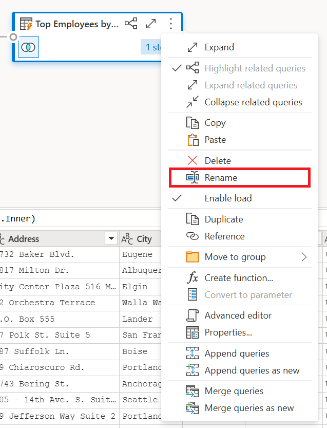 Screenshot of the rename option inside the query contextual menu emphasized.