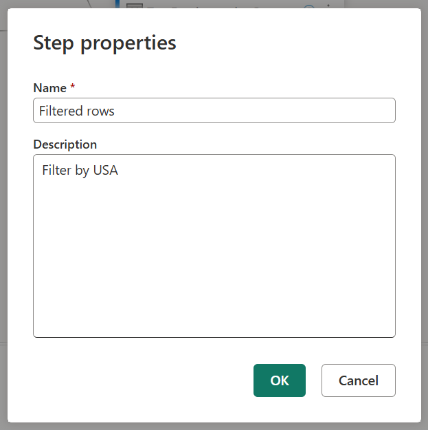 Screenshot of the Step properties window for the step with the name 'Filtered rows' and a description that reads 'Filter by USA'.