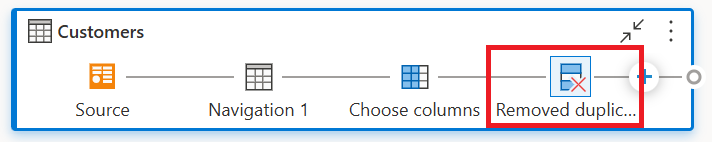 Screenshot of the Remove duplicates transform added through the use of the plus icon in the query when in the diagram view.