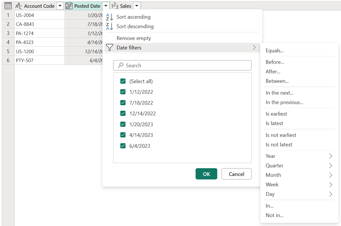 Screenshot of the menu items containing commands and filters that are specific to columns that contain data with the Date data type.