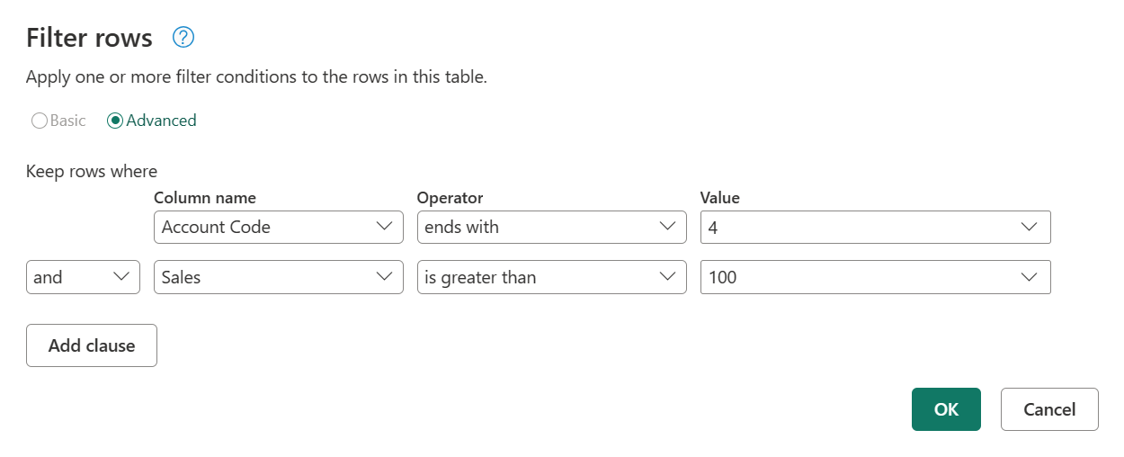 Screenshot of the Filter rows dialog with the advanced filter example settings.