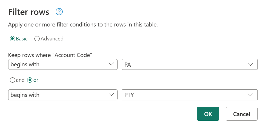 Screenshot of the basic filter rows operation with the example filter rules applied.