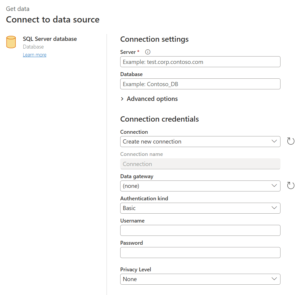 Screenshot of the Connect to data source page using the SQL Server database connector.