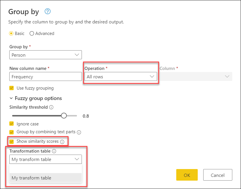 Screenshot of the fuzzy grouping sample transformation table drop-down menu.