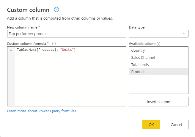 Screenshot of the Custom column dialog with the formula for Table.Max entered.