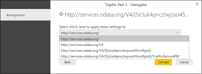 Screenshot of the credential dialog showing the setting path that credentials apply to.