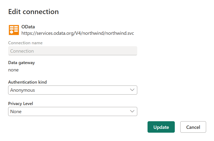 Screenshot of the edit connections dialog for the selected OData connection.