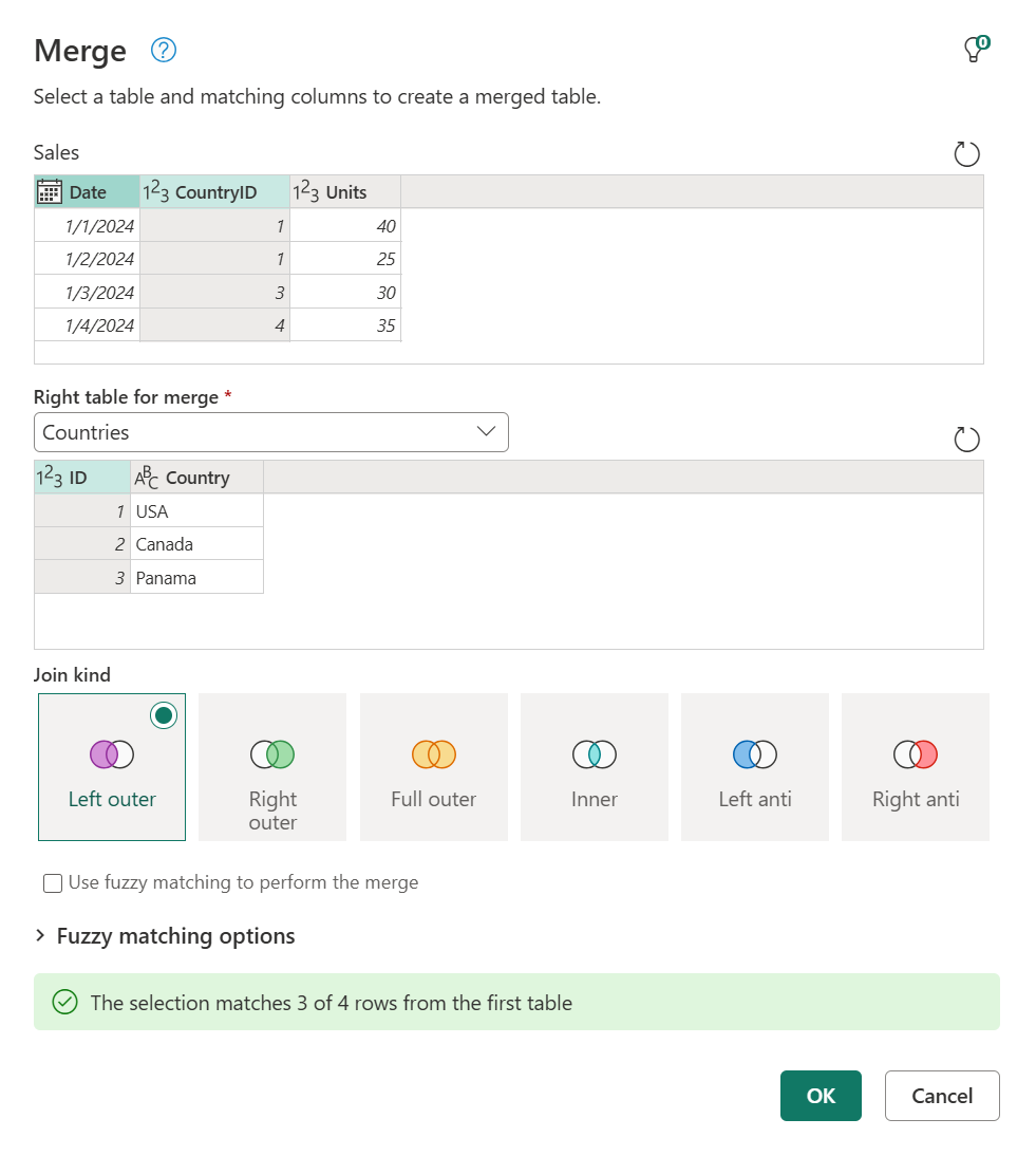 Screenshot of the merge dialog box with the CountryID column, ID column, and Left outer button selected.