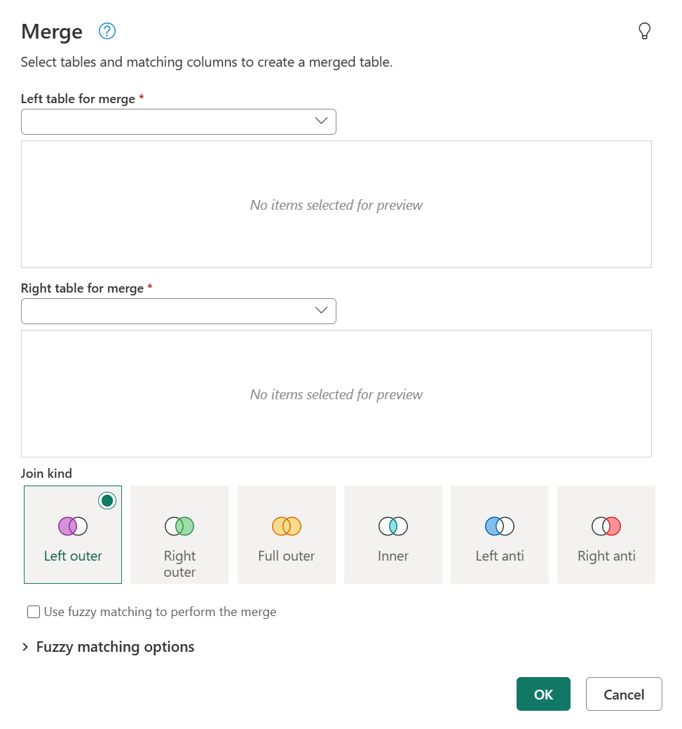 Screenshot of a Merge dialog with no entries for either the left or right table.