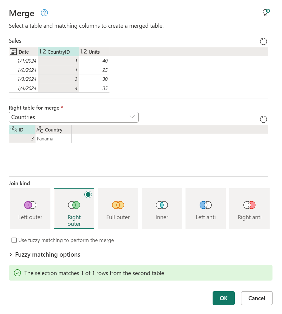 Screenshot of the Merge dialog box showing the results of following the previous right outer join procedure.