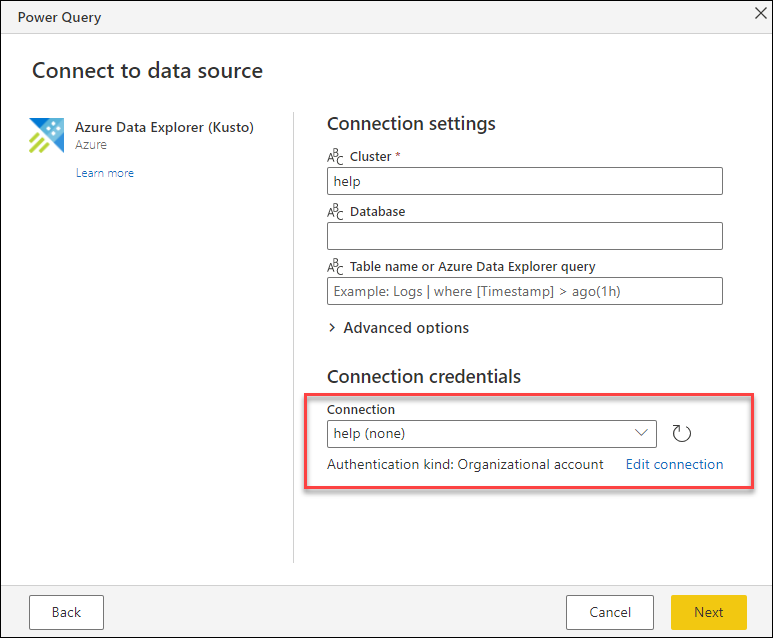 Known connection picked up after entering the connection settings for the Kusto connector.