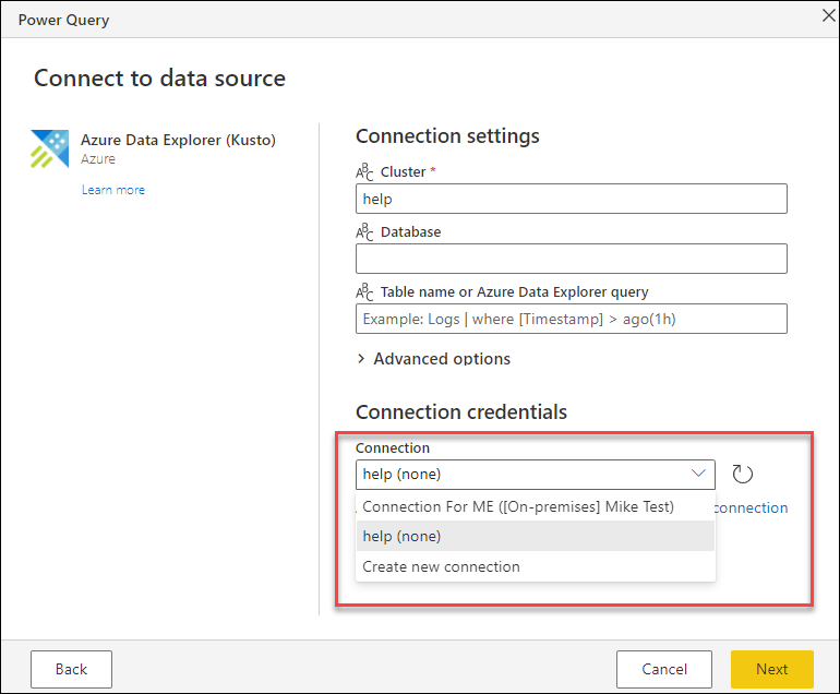 Known connections shown in the dropdown menu of the connection field.