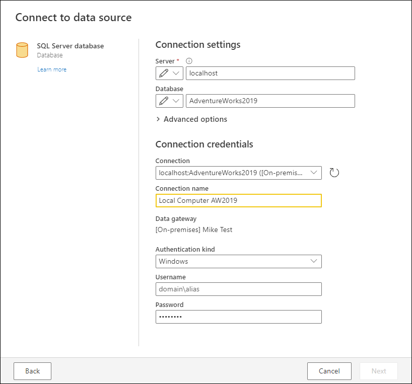 Example of setting a named connection for a Gateway data source, in this case a SQL Server.