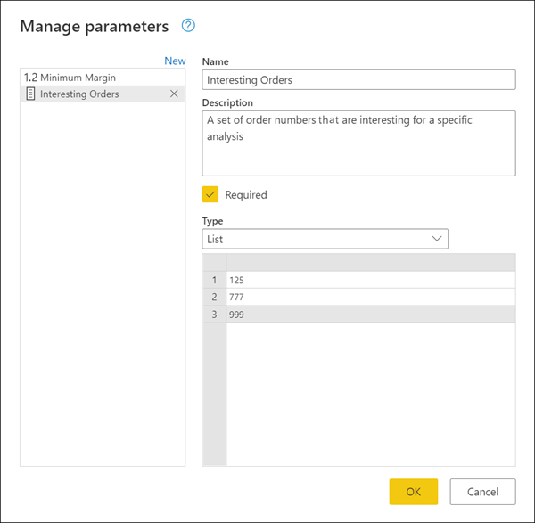 New Interesting Orders list parameter with the values 125, 777, and 999 in the values grid.