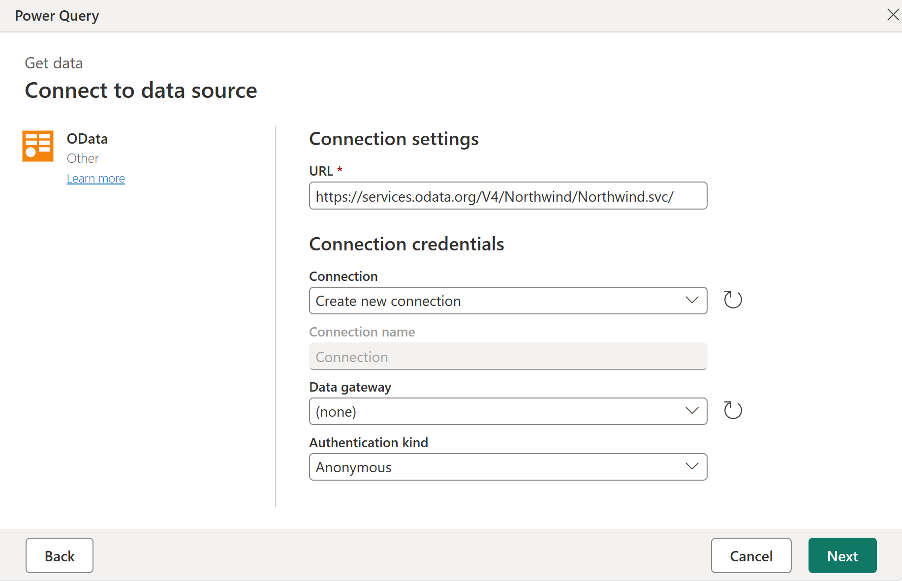 Screenshot of the OData Connect to data source page with the Northwind URI entered in the URL section.