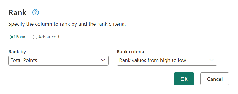 Screenshot of the rank basic dialog. Only the Total Points field is selected with a rank criteria of Rank values from high to low.