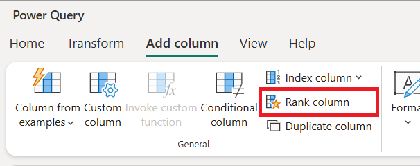 Screenshot of the rank column entry point in the Power Query ribbon inside the Add column tab.