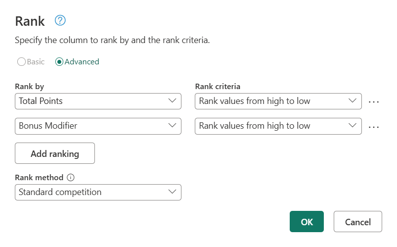 Advanced section of the rank dialog.