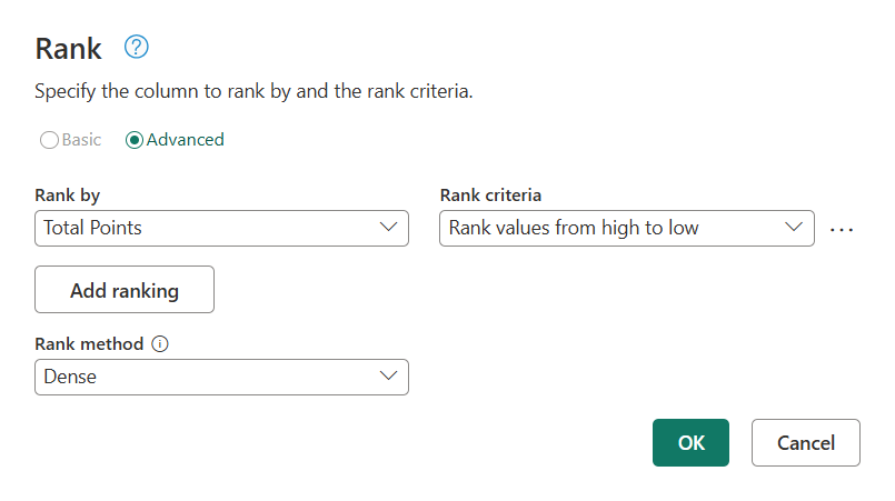 Rank transform with dense rank method selected.