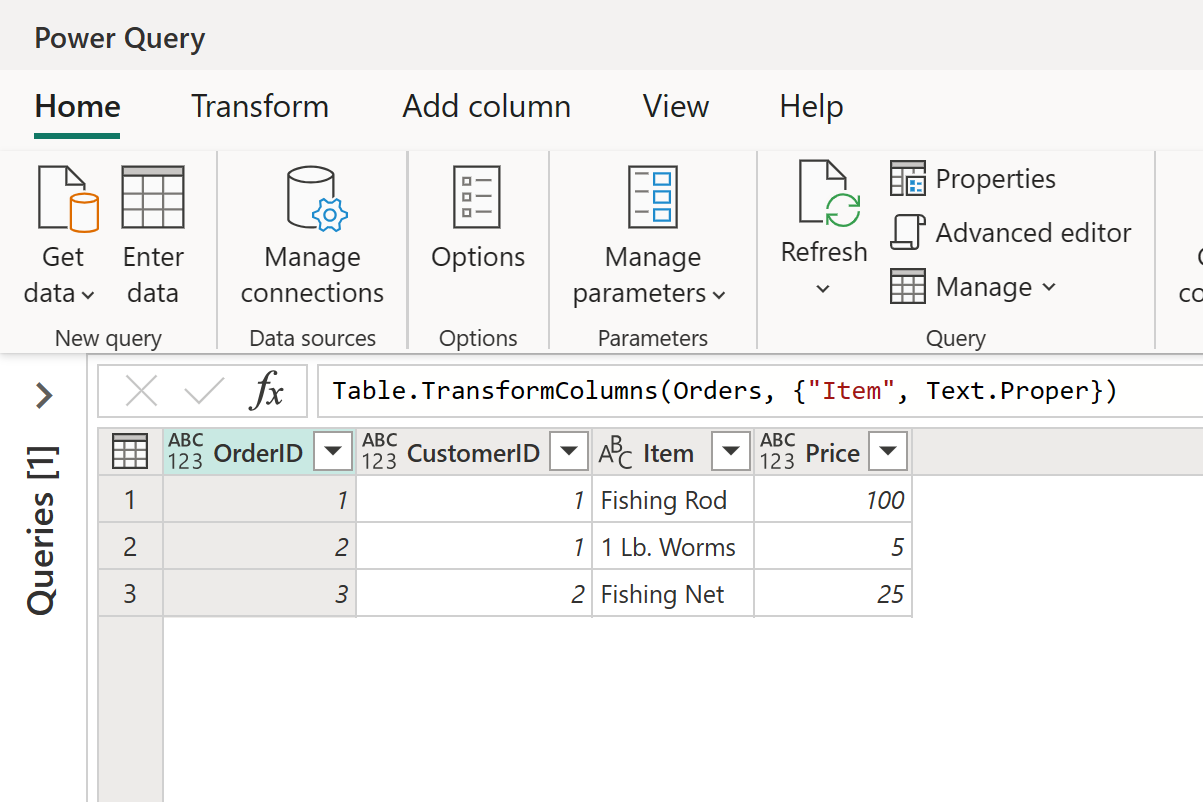 Screenshot of the Power Query editor showing the results of converting the Item column entries to initial capitalization.