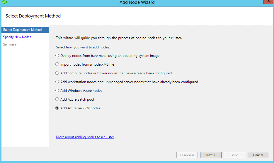 Screenshot shows the Select Deployment Method page with Add Azure I a a S V M nodes selected.