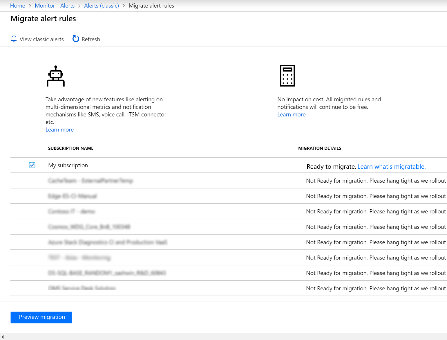 Screenshot shows Migrate alert rules page.