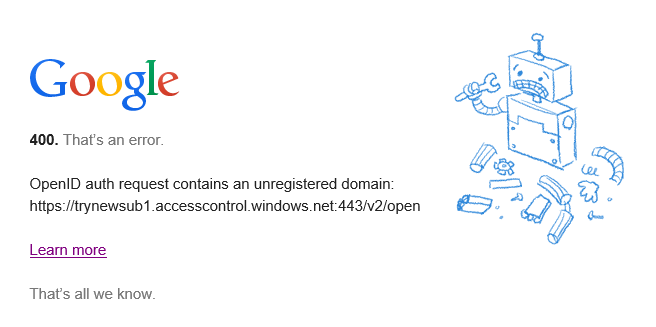 New ACS namespace and Google error