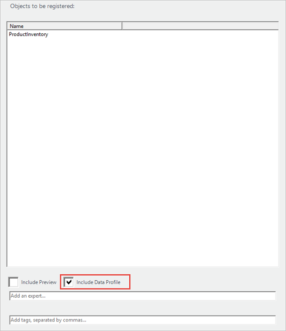 The Include Data Profile box is checked at the bottom of the Objects to be registered window.