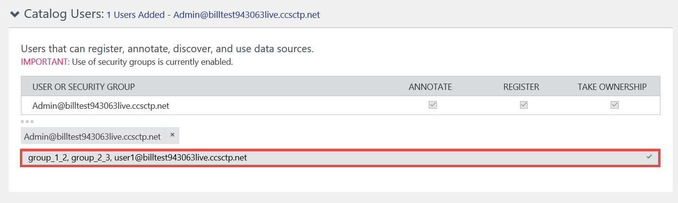 Example user name and security groups added in the space, with a comma separating the two.