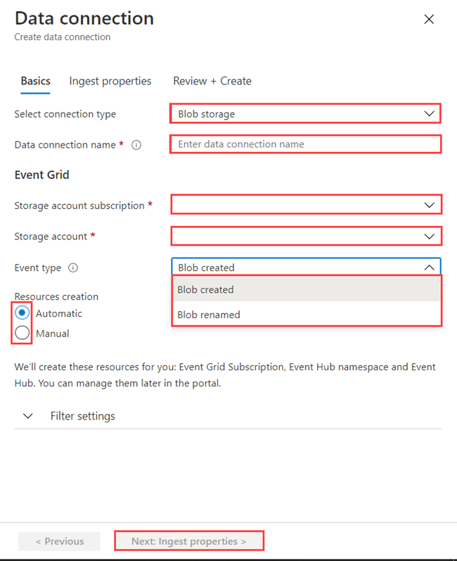 Screenshot of the Data Connection Basics tab, showing the options for the Blob storage connection type.