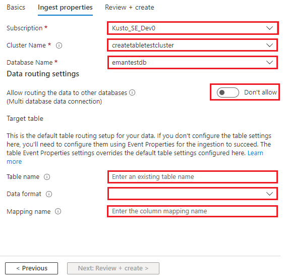 Screenshot of the Data Connection Ingest properties tab, showing the subscription and data routing properties.