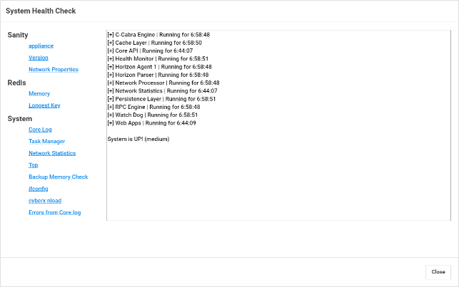 Screenshot that shows the system health check.