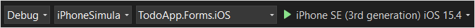 Screenshot showing how to set the run configuration for a Xamarin Forms for i O S app.
