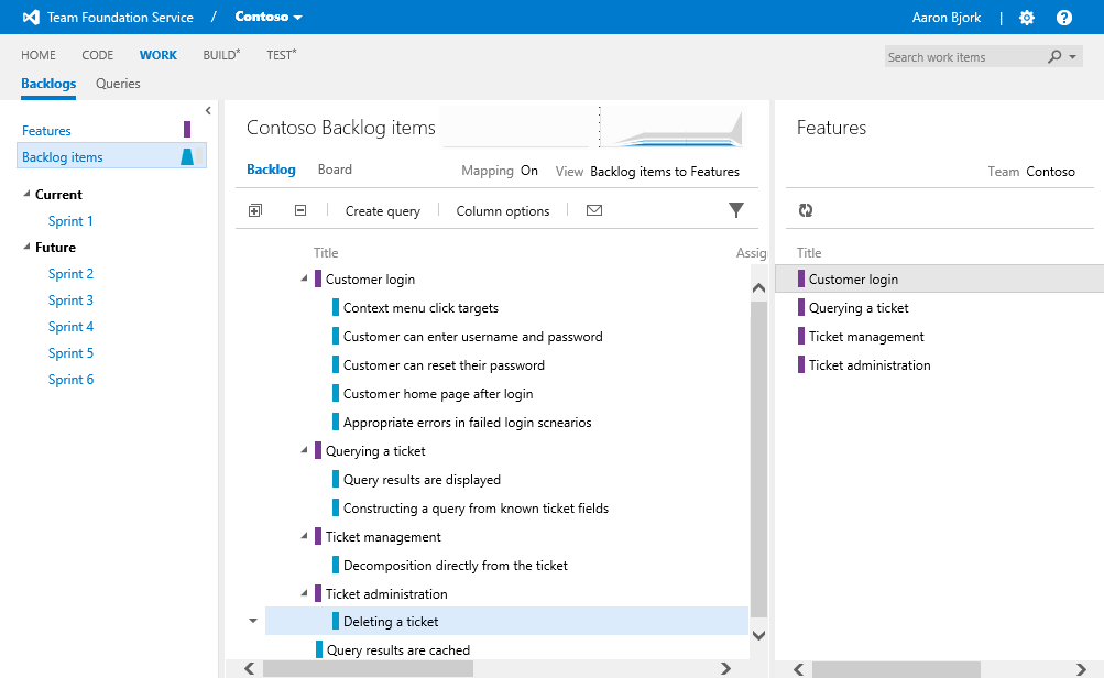 The backlog item mapped to it's parent feature