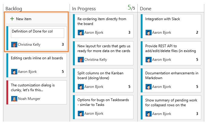 Kanban board: Adding new item, in-card editing