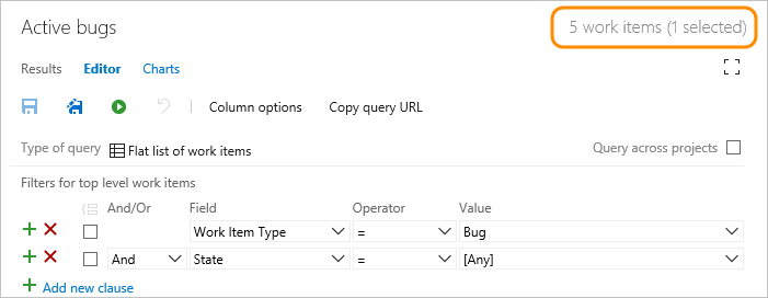 Query bugs any state, count of work items summary