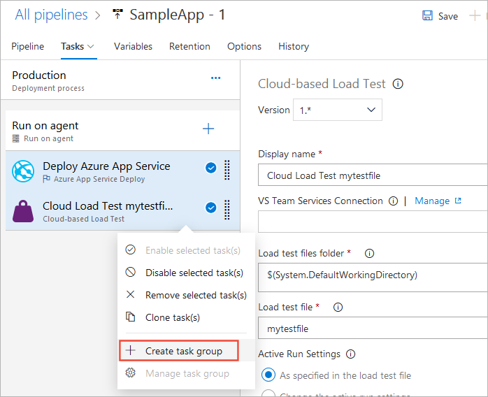 Creating a task group from a release pipeline list of tasks