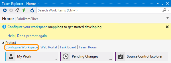 On Team Explorer home page, click Configure Workspace