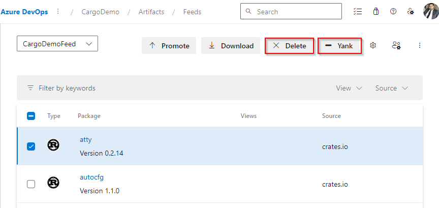 A screenshot showing how to delete or yank a Cargo package.