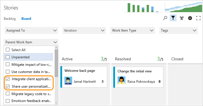 Screenshot of Kanban board, Filter on parent work items.